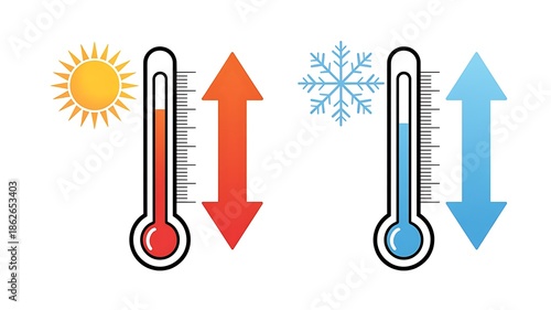 Hot and cold temperature comparison concept with thermometer icons
