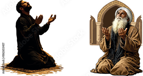 Two Muslim Men Praying Dua, Young and Elderly Worshippers, Islamic Faith Illustration on White Background