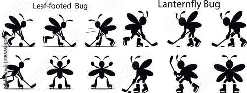 Silhouettes of leaf-footed bugs and lanternfly bugs playing ice hockey and ice skating