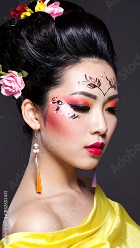 Asian woman with elaborate makeup and floral hair adornments
