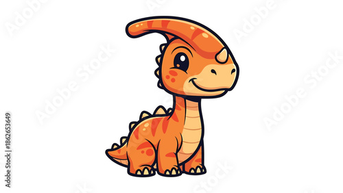 Adorable Cartoon Parasaurolophus Dinosaur Illustration with Playful Expression.