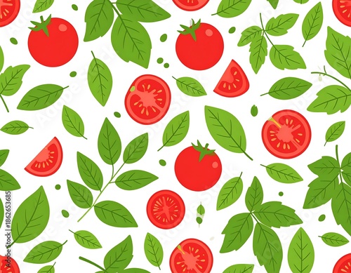 Tomato and Basil Pattern - Fresh Culinary Herbs and Vegetables.
