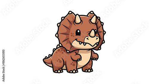 Adorable Cartoon Triceratops Dinosaur with Friendly Expression and Brown Coloration.