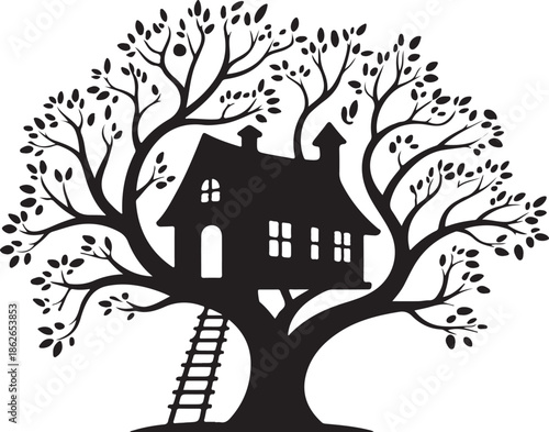 Tree House Silhouette – House in Tree Vector Black on White