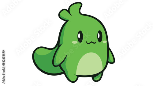 Adorable Green Cartoon Creature with Big Eyes and Small Tail.