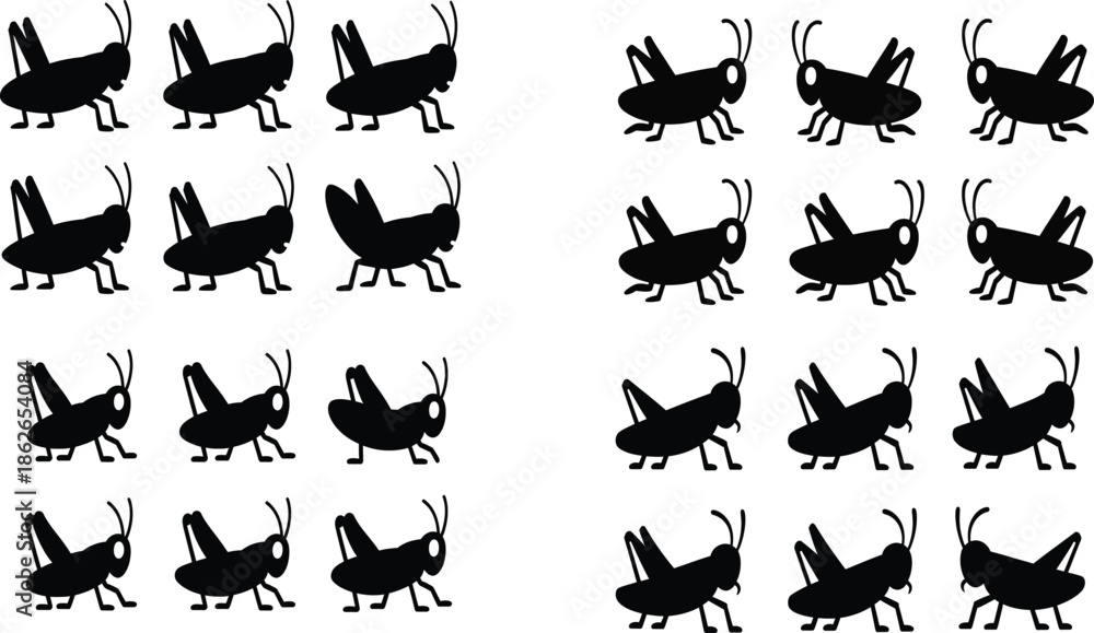 Obraz premium Black grasshopper silhouettes in rows on white background
