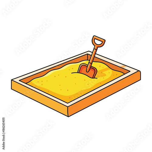 a colorful illustration depicts a rectangular sandbox filled with yellow sand and a small orange shovel sticking into it