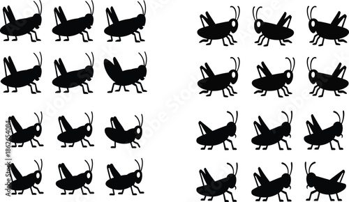 Black grasshopper silhouettes in rows on white background