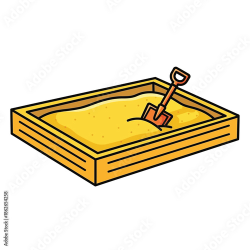 a colorful cartoon illustration depicts a rectangular wooden sandbox filled with yellow sand and a small orange shovel inside