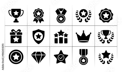 Collection of black and achievement including trophies stars ribbons and crowns trophy