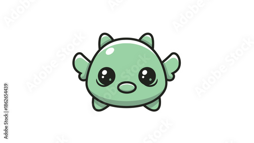 Adorable Green Cartoon Creature with Big Eyes and Small Wings.