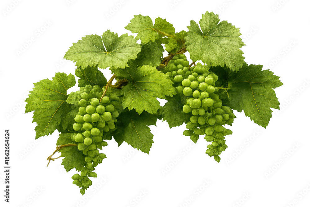 Fototapeta premium Green grapes ripening on vine branches, fresh fruit with leaves for harvest, viticulture and winemaking concept