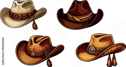 Vintage Cowboy Hat Collection Set, Western Leather Headwear Icons in Brown Tones, Isolated Vector Illustration
