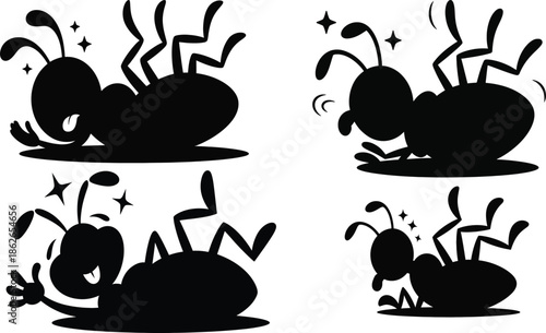 Four black cartoon ants in various poses insect silhouette