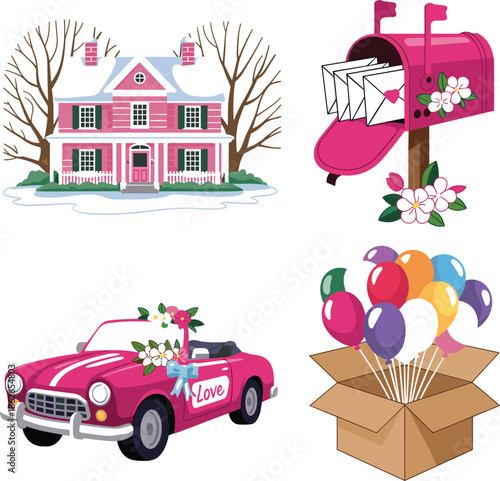 Pink House with Mailbox Balloons and Convertible Car