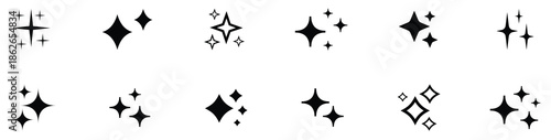 Sparkle star icon set. Set of black vector shine sparkle star icons. Collection of different stars in black color, vector ill
