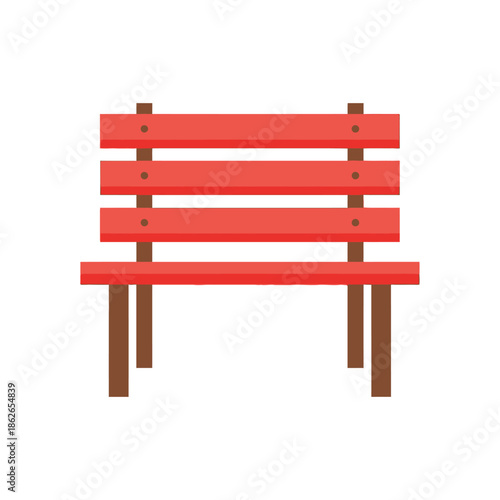 A simple illustration depicts a red wooden park bench with three horizontal slats and sturdy brown legs isolated on a white background