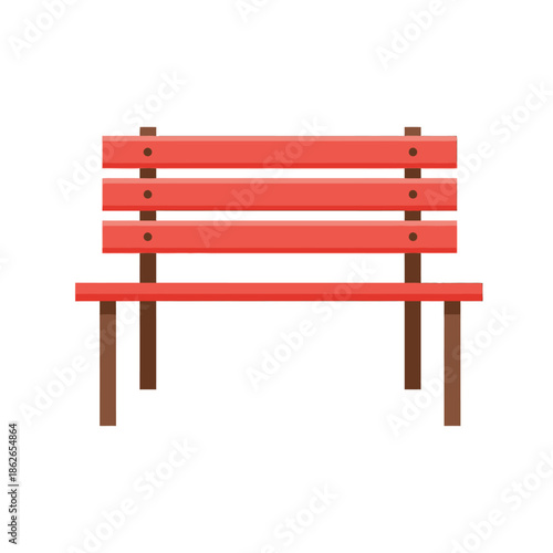 a simple illustration depicts a red wooden park bench with brown legs isolated on a clean white background providing a serene view
