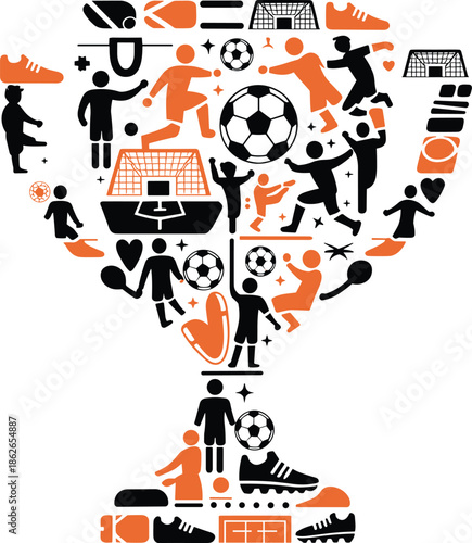 Soccer players and equipment in black and orange ball