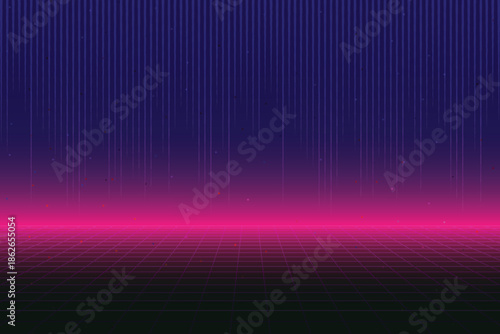 Retro 80s cyberpunk, futuristic sci-fi backdrop featuring a laser grid landscape, 1980s-style cyber digital textures, vector illustrations.