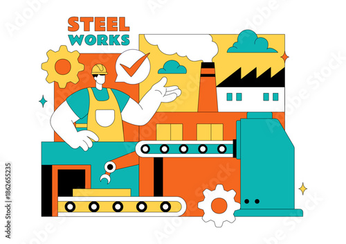 Steelworks Vector Illustration Featuring Resource Mining, Metal Smelting Process Inside Large Foundry, And Molten Steel Pouring In Flat Background