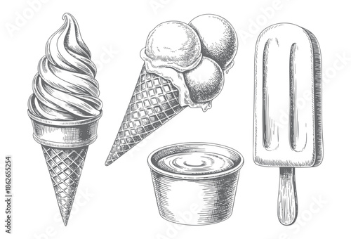 Hand-drawn vintage ice cream collection with bowls and waffle cone, ink sketch dessert set isolated on white background.
