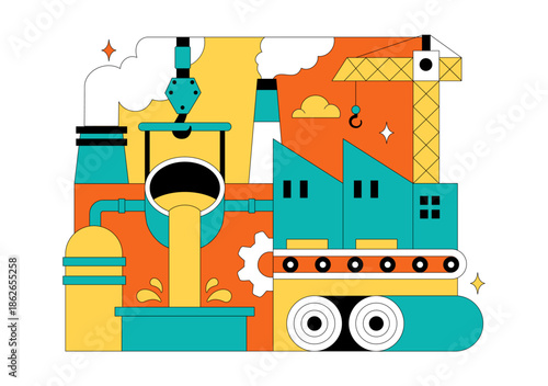 Steelworks Vector Illustration Featuring Resource Mining, Metal Smelting Process Inside Large Foundry, And Molten Steel Pouring In Flat Background