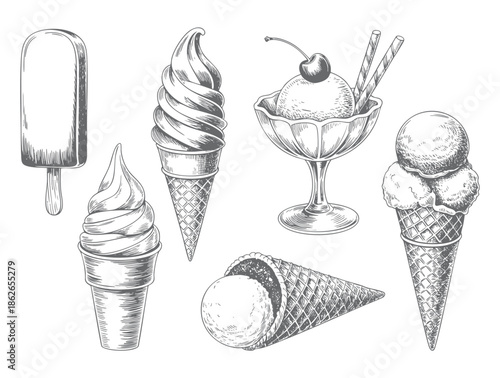 Hand-drawn vintage ice cream collection with bowls and waffle cone, ink sketch dessert set isolated on white background.