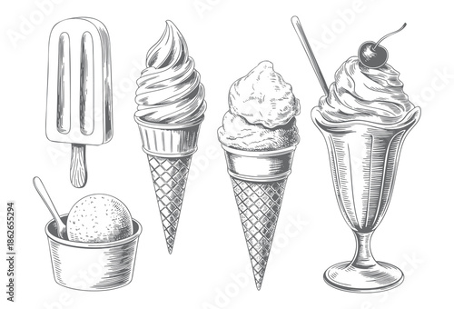 Hand-drawn vintage ice cream collection with bowls and waffle cone, ink sketch dessert set isolated on white background.