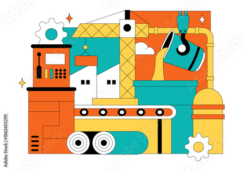 Steelworks Vector Illustration Featuring Resource Mining, Metal Smelting Process Inside Large Foundry, And Molten Steel Pouring In Flat Background