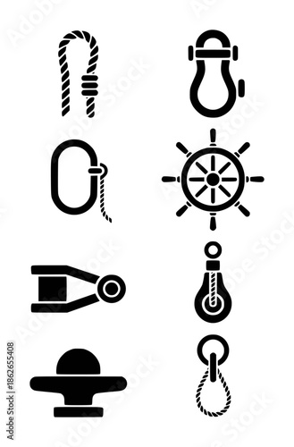 Nautical equipment including rope loop shackle cleat ship wheel pulley and carabiner maritime
