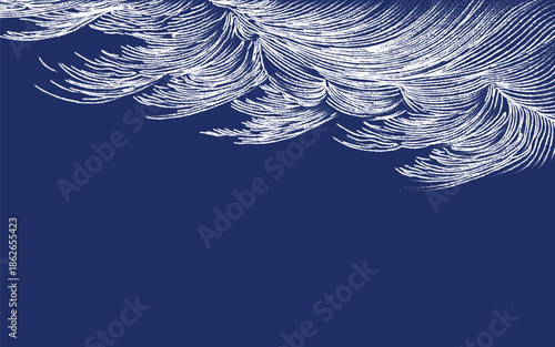 Hand-drawn illustration of stylized white waves with dense, flowing brush lines against a deep indigo blue background. Japanese woodcut style with large bottom copy space.