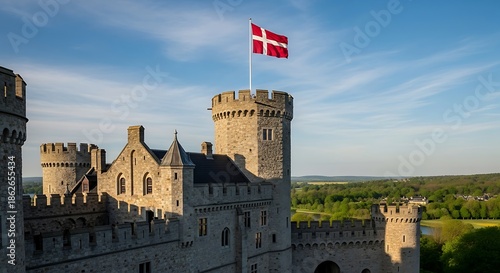 Historic Danish Castle with Flag Tower Landscape.