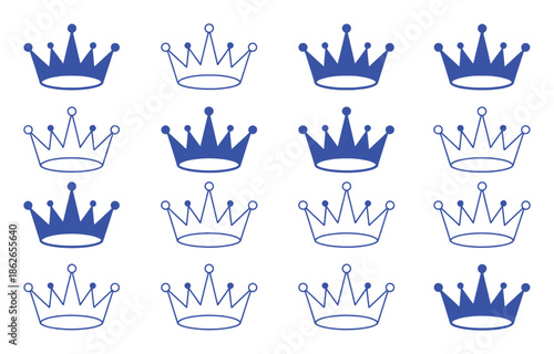 Collection of Royal Blue Crown Icons with Varying Designs and Details