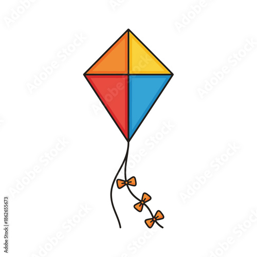 a colorful and cheerfully illustrated kite with a vibrant red yellow and blue design featuring a playful tail