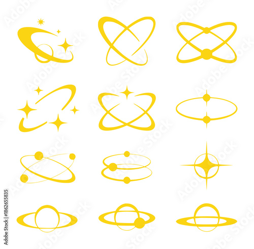Collection of Yellow Orbital Swirls, Stars, and Planetary Icons on White Background