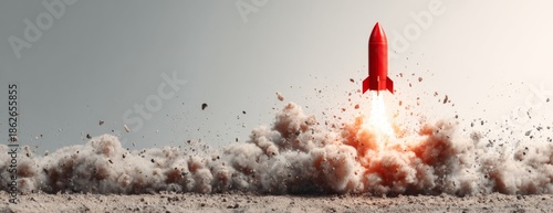 Red rocket launching with smoke and dust in the background, concept of success in business  
