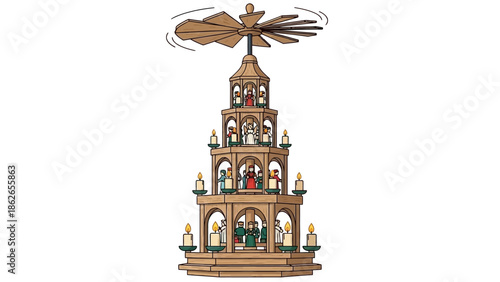 Traditional German Christmas Pyramid with Rotating Figures and Candles.