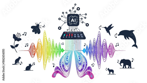 Artificial intelligence analyzing animal sounds and music waves.