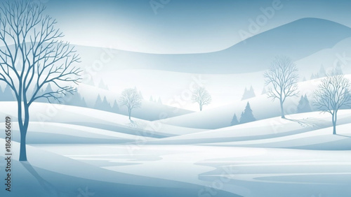 Serene winter landscape with bare trees, snow covered hills and misty mountains