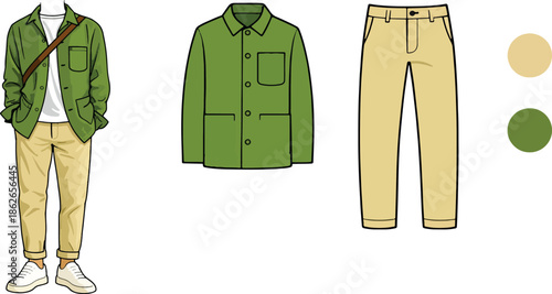 Men Casual Fashion Outfit Vector Set: Green Field Jacket, Khaki Chino Pants and Canvas Shoes Styling