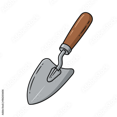 a detailed illustration of a gardening trowel with a wooden handle and a metallic scoop is shown clearly