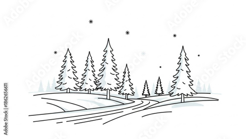Snowy landscape with pine trees and winding road on a winter day with snowfall