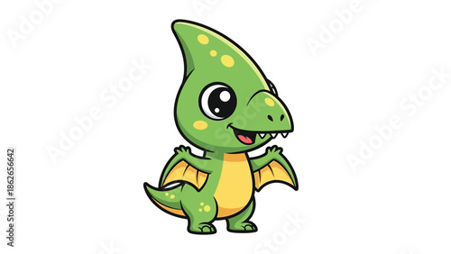 Adorable Green Cartoon Pterodactyl with Big Eyes and Small Wings.