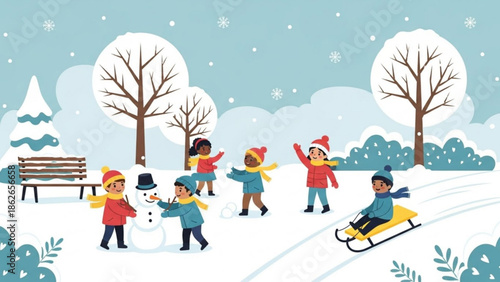 Children playing in snowy park with snowman sledding and laughing together in winter
