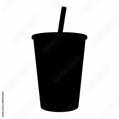 Black silhouette of a soda cup with straw on white background