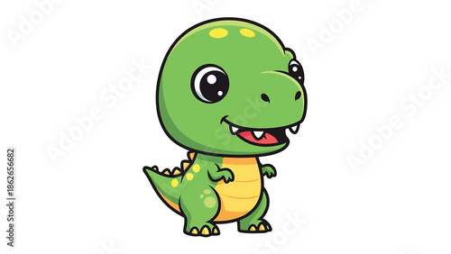 Adorable Cartoon Tyrannosaurus Rex Character with Big Eyes and a Cheerful Smile.