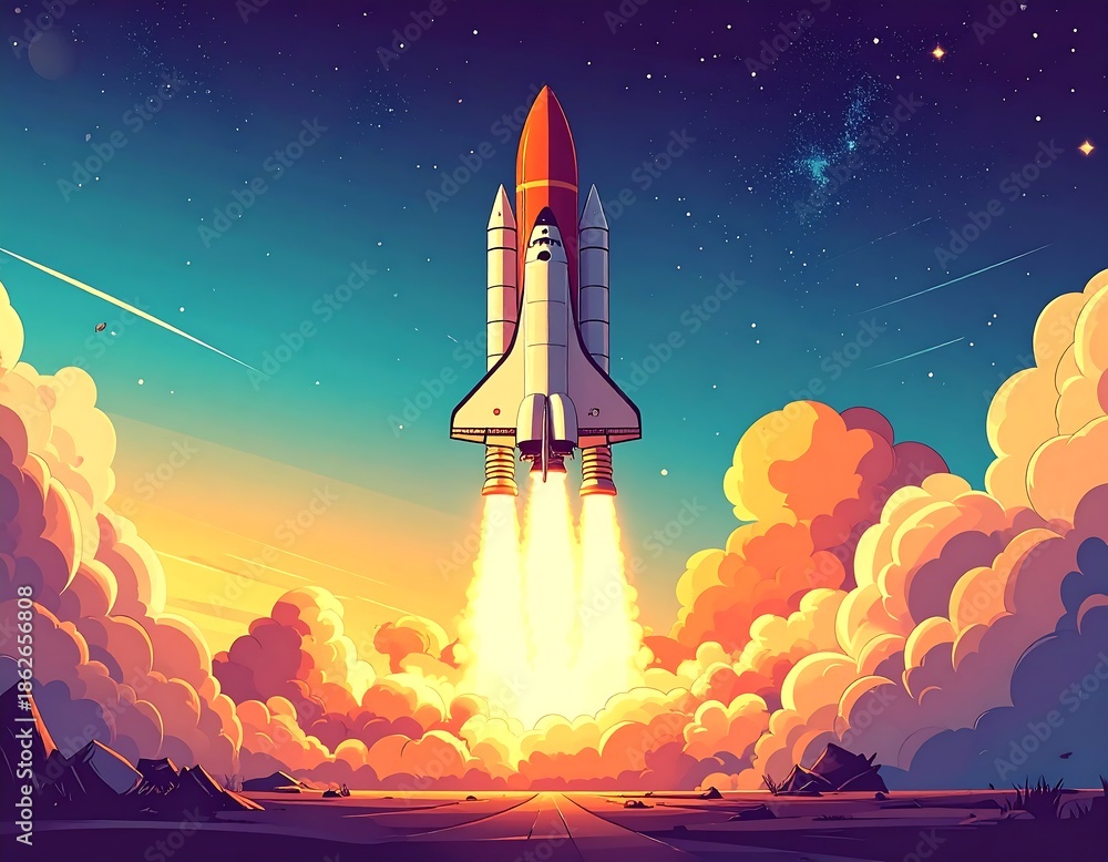 Fototapeta premium Cartoon rocket launching skyward through clouds, into cosmos