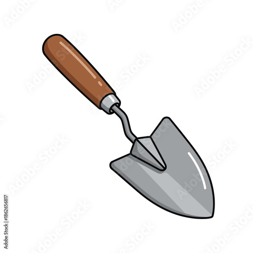 a simple illustration depicts a small gardening trowel with a brown wooden handle and a metallic digging blade isolated on white