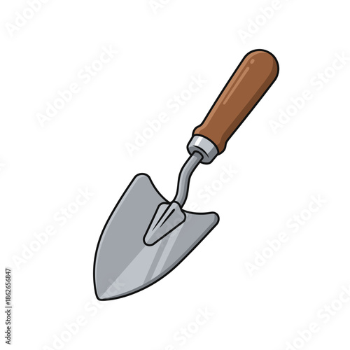 a detailed illustration of a hand trowel with a wooden handle and a shiny metal blade isolated on white